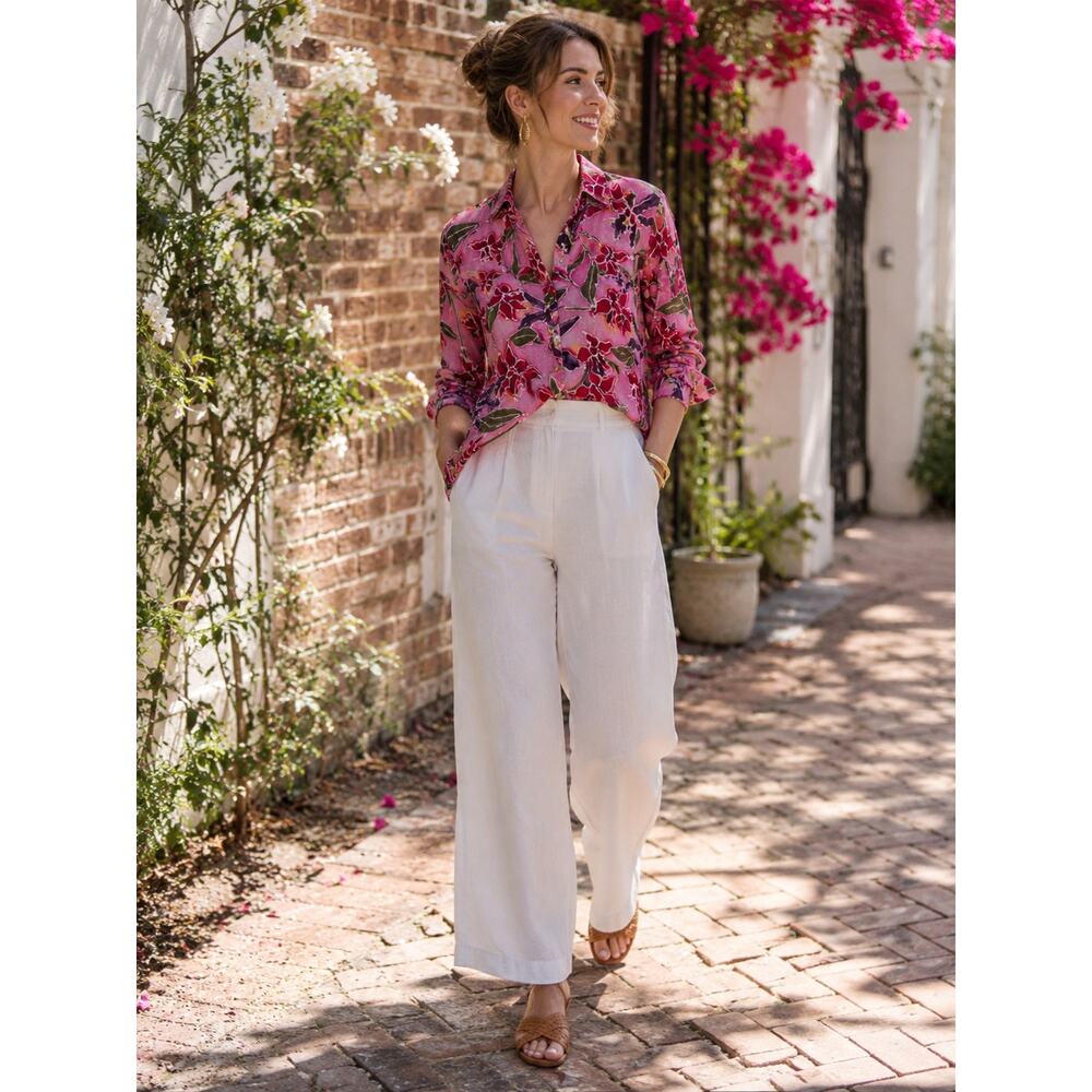 Vintage Carole Little Pink Orchid Floral Blouse | 90s Botanical Rayon Top Sz 6